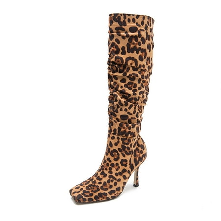 

Juebong Leopard Knee High Boots for Women Round Toe Slouch Buckle Wedge Mid Calf Boot Fashion Shoes Yellow 9