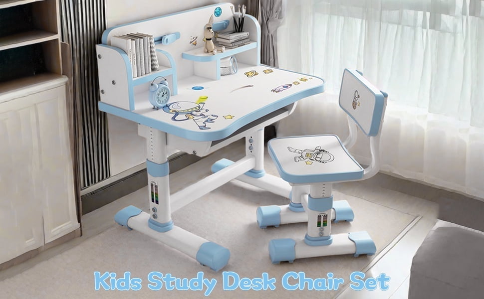 Yifeus Kids Study Desk and Chair Set, Children School Study Drawing Desk Chair Height Adjustable Kids Table Desk and Chair Set with Storage Drawer, Blue