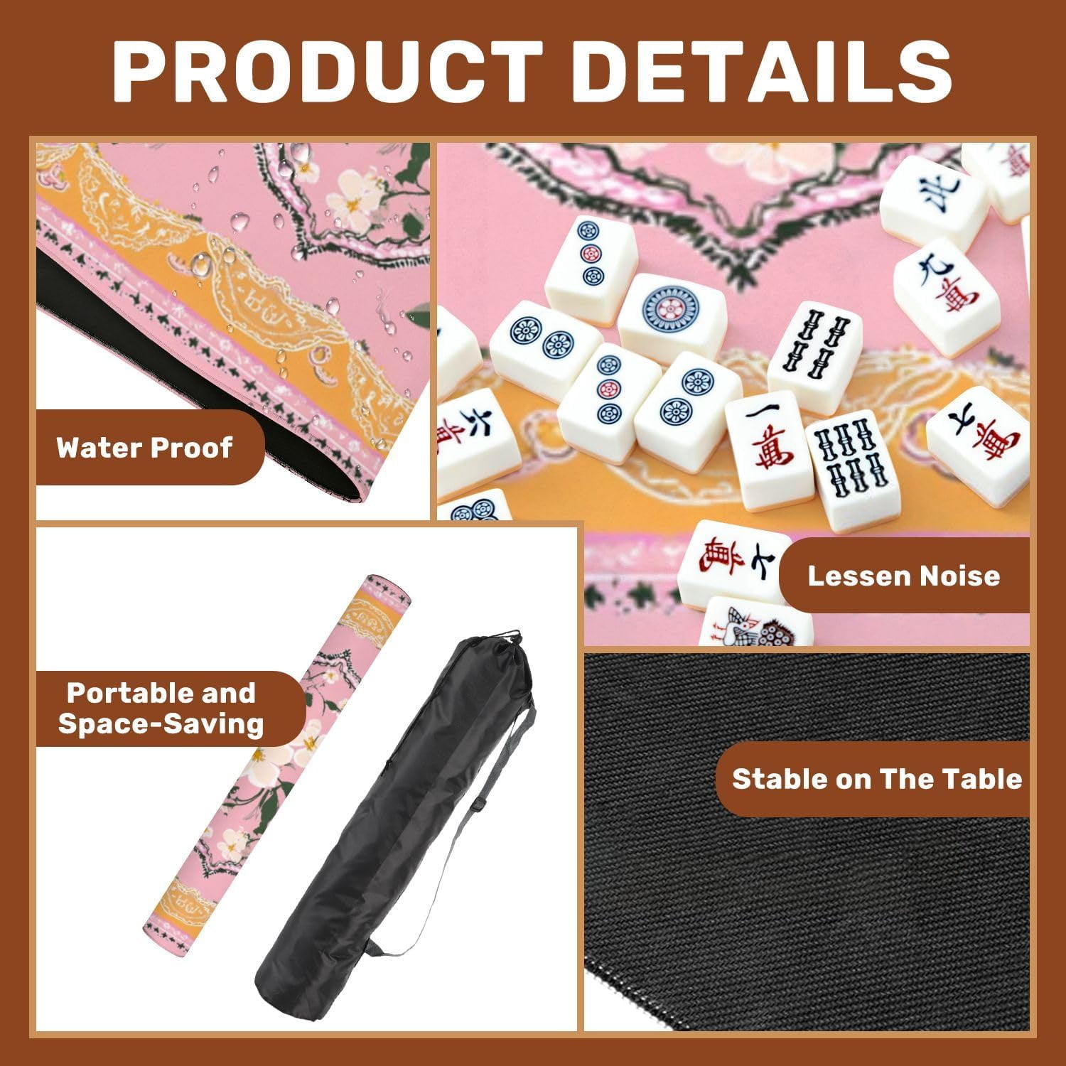Mahjong Mat 31.5" x 31.5" Floral Bandana Pink White Blossoms Non-Slip Noise Reduction Mahjong Tiles Table Cover for Dominoes Poker Card Board and Tile Games