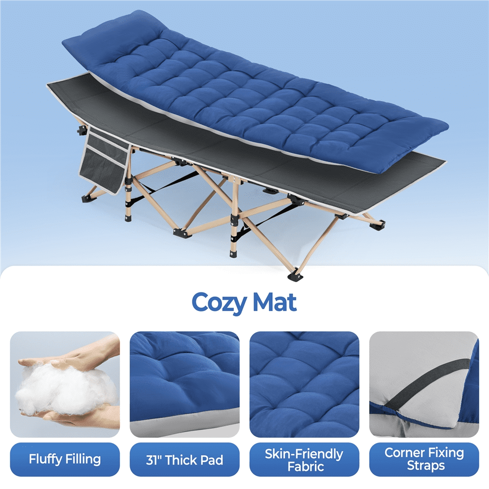 Renwick Folding Camping Cot with Mat and Carry Bag, Gray Cot/Blue Pad