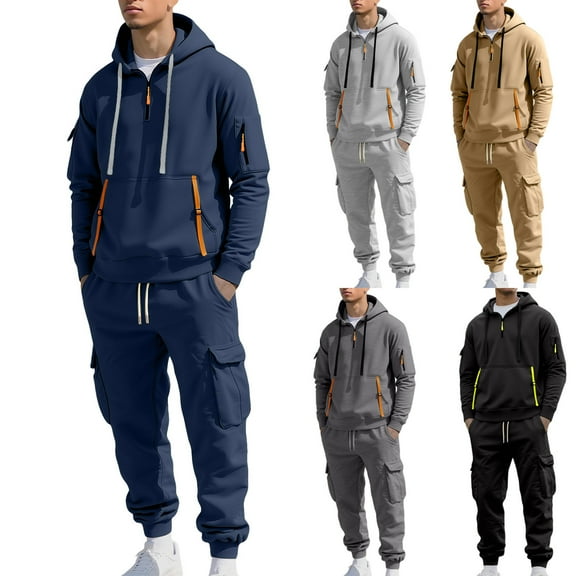 UVEASISHA Mens Sweatsuit 2 Piece Set Quarter Zip Fashion Cargo Hoodies and Sweatpants Sets Fall Casual Jogging Suit Gym Tracksuit Outfits Khaki XL