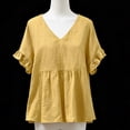 thumbnail image 4 of LEKWK Loose Linen Tops for Women Double Layered Hem Flowy Tops V-Neck Short Sleeve Summer Blouses Ruffle Plain Soft Breathable Beach Holiday Wear, 4 of 5
