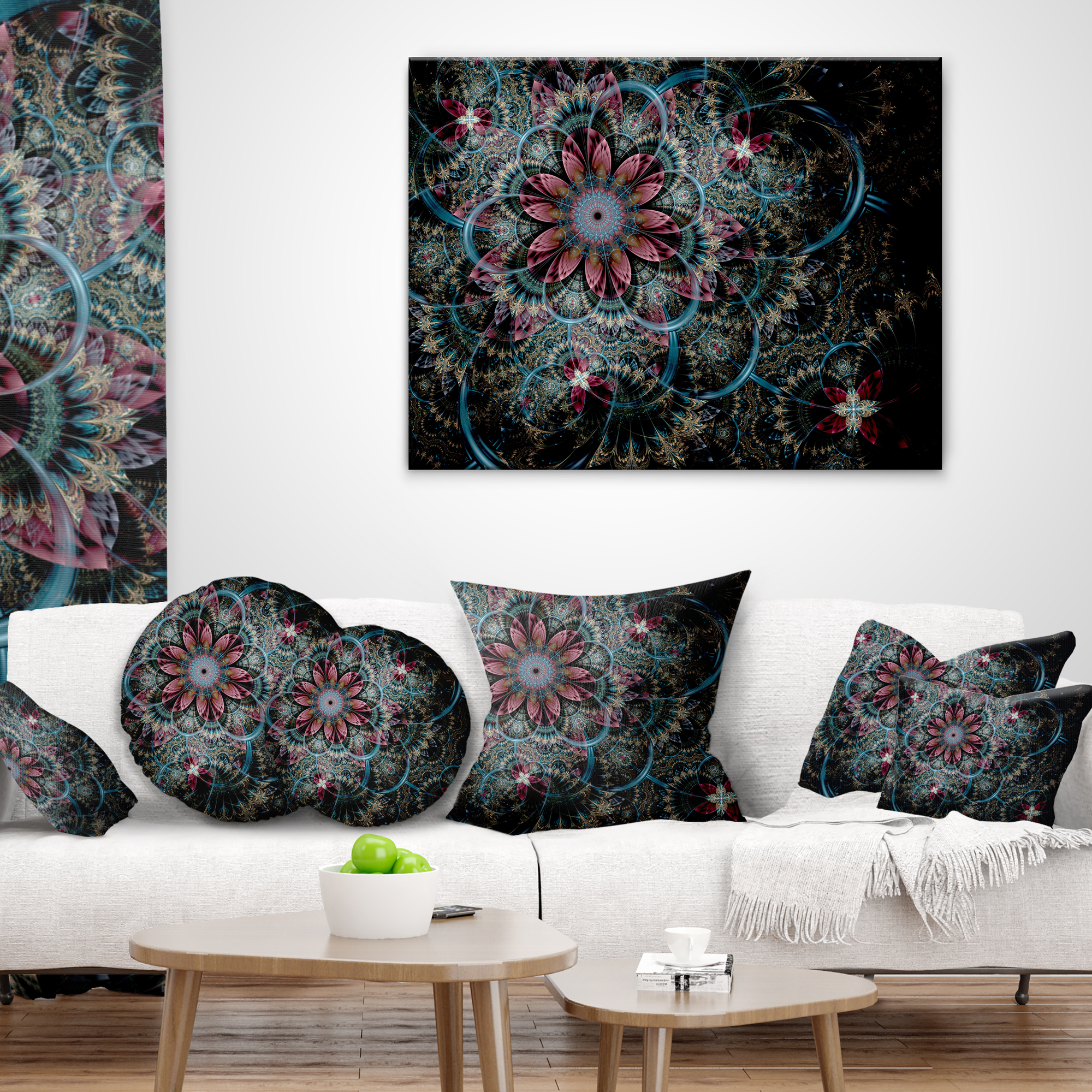 Designart Fractal Flower in Dark Blue Digital Art - Floral Throw Pillow - 16x16