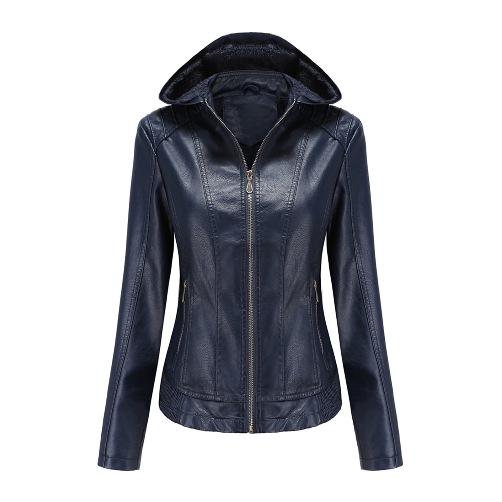 June Womens Solid Zip Up Jackets PU Leather Hooded Coats Plus Size 