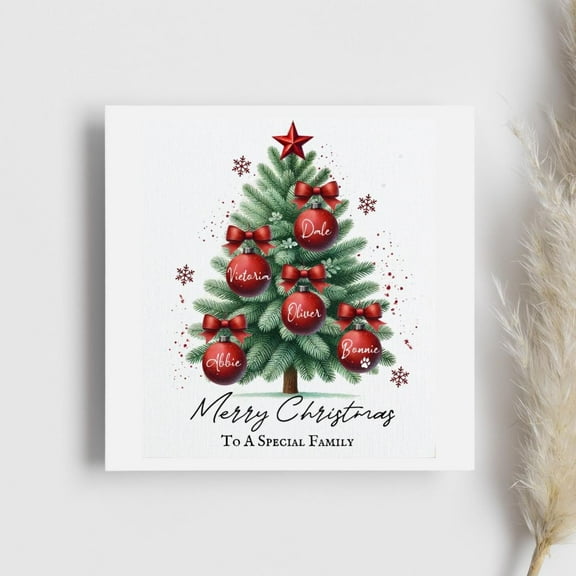 Personalized Family Christmas Card – “Merry Christmas To A Special Family” – Featuring Festive Tree Design with Ornaments – Perfect for Holiday Greetings