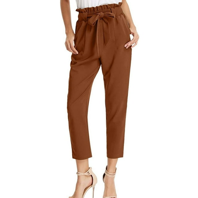 Pantalones elegantes de cintura alta con lazo y pantalones ajustados. L
