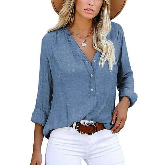 ICHUANYI 2023 Womens Solid Button Shirts Loose Lapel Long Sleeve Blouses V Neck Casual Tops