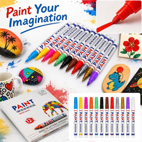 12 Colors Oil Based Paint Markers Set Permanent Water Resistant Fine Tip Markers For Multi Surface Decor Wood Rock Glass & Metal Artwork