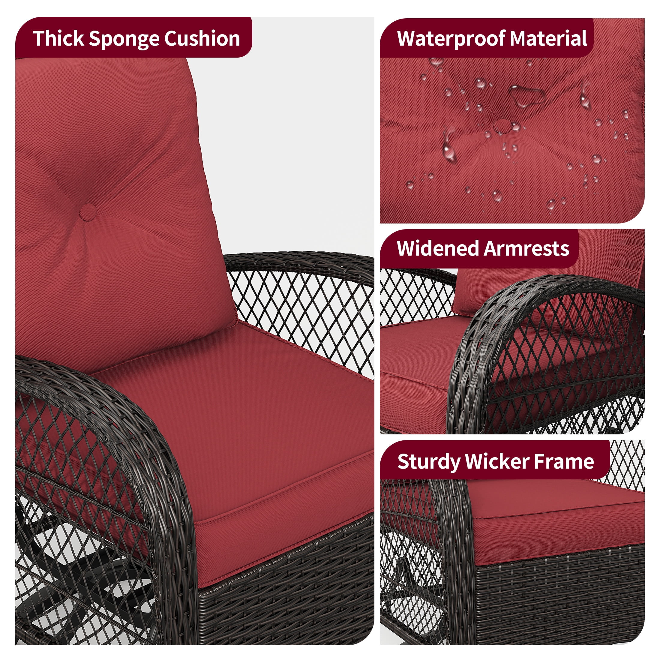 Techmilly 3 Pieces Patio Furniture Set, Outdoor Swivel Gliders Rocker, Glass Top Side Table  (Red)