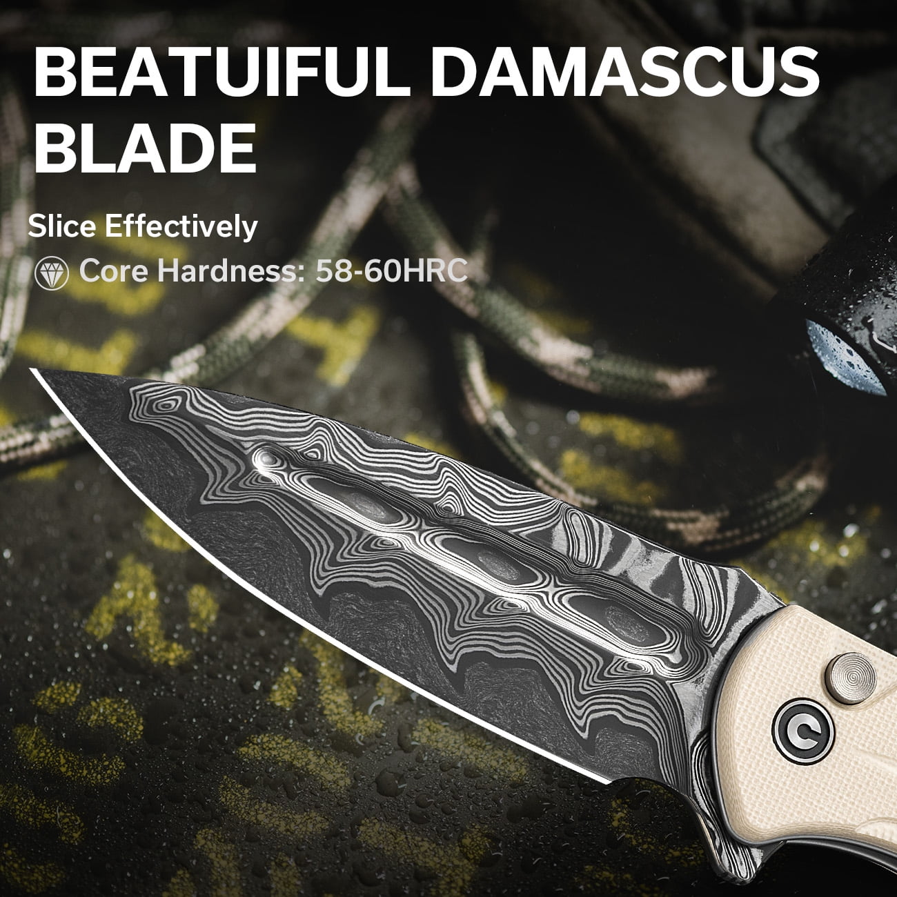 CIVIVI Incindie Pocket Folding Knife with 3.48" Damascus Blade Ivory G10 Handle C23053-DS1