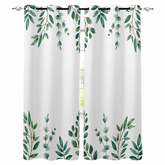 Fsddascl Eucalyptus Blackout Curtains for Bedroom/Living Room, Thermal Insulated Kitchen Curtains, Watercolor Green White Botanical Vines Leaf Grommet Darkening Window Treatment Drapes 42"x84"x2