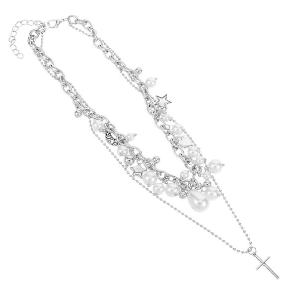 UPGRATOR Vintage Cross Pendant Necklace with Double Layer Faux Beads for Weddings and Parties