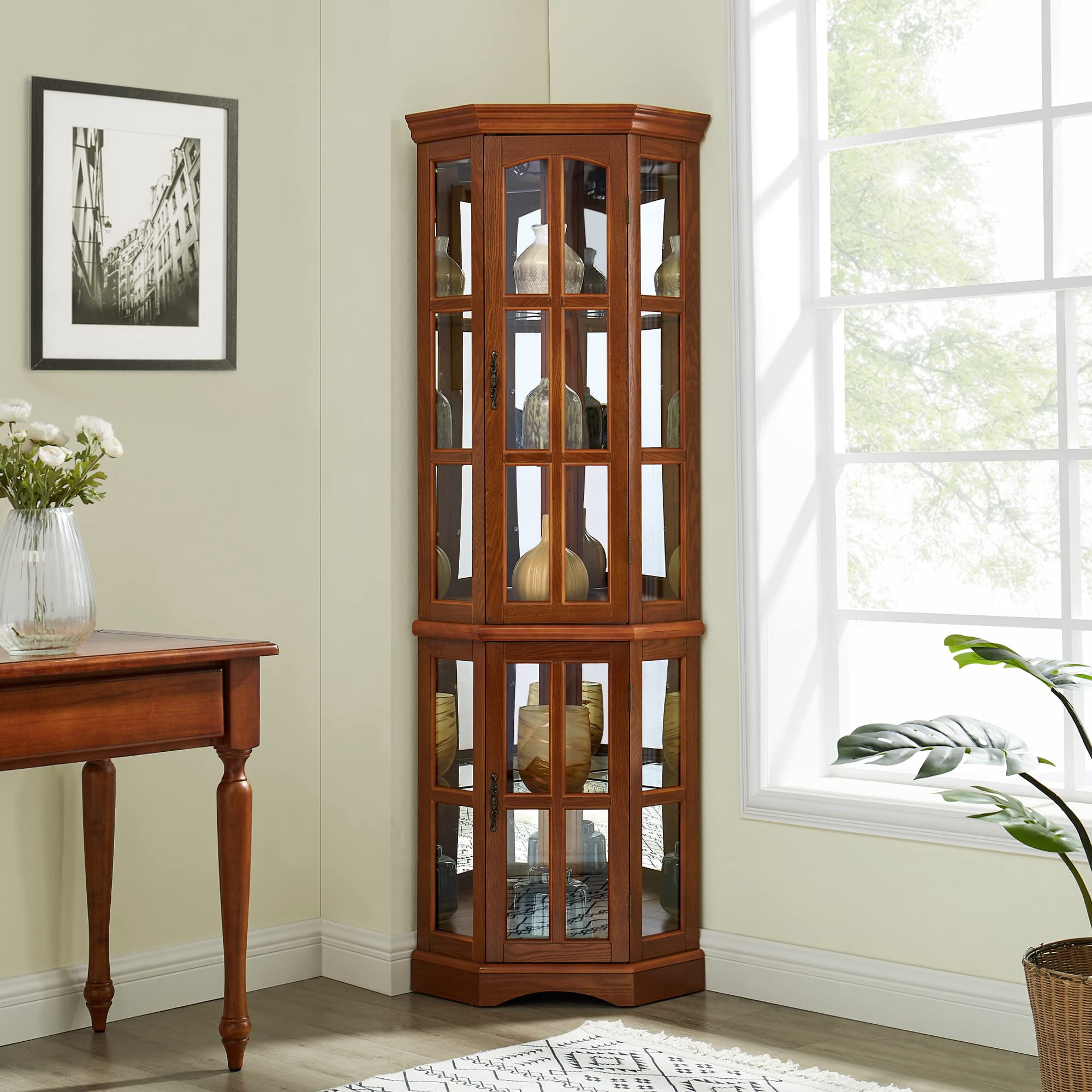 Miniyam 5 Shelf Corner Curio Display Cabinet with Lights,China Display Cabinet with Glass Doors,Lighted Display Cabinet,Oak(E26 light bulb not included)