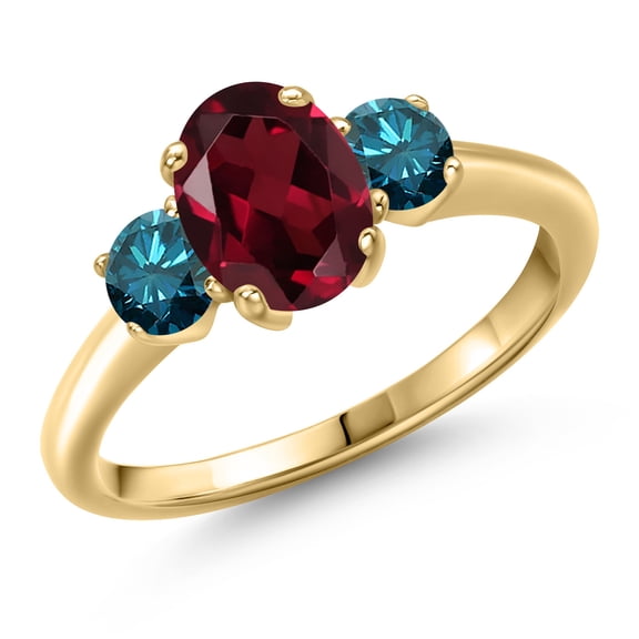 Gem Stone King 10K Yellow Gold Red Rhodolite Garnet and Blue Diamond Engagement Ring for Women | 1.89 Cttw | Oval 8X6MM | Gemstone January Birthstone | Size 5