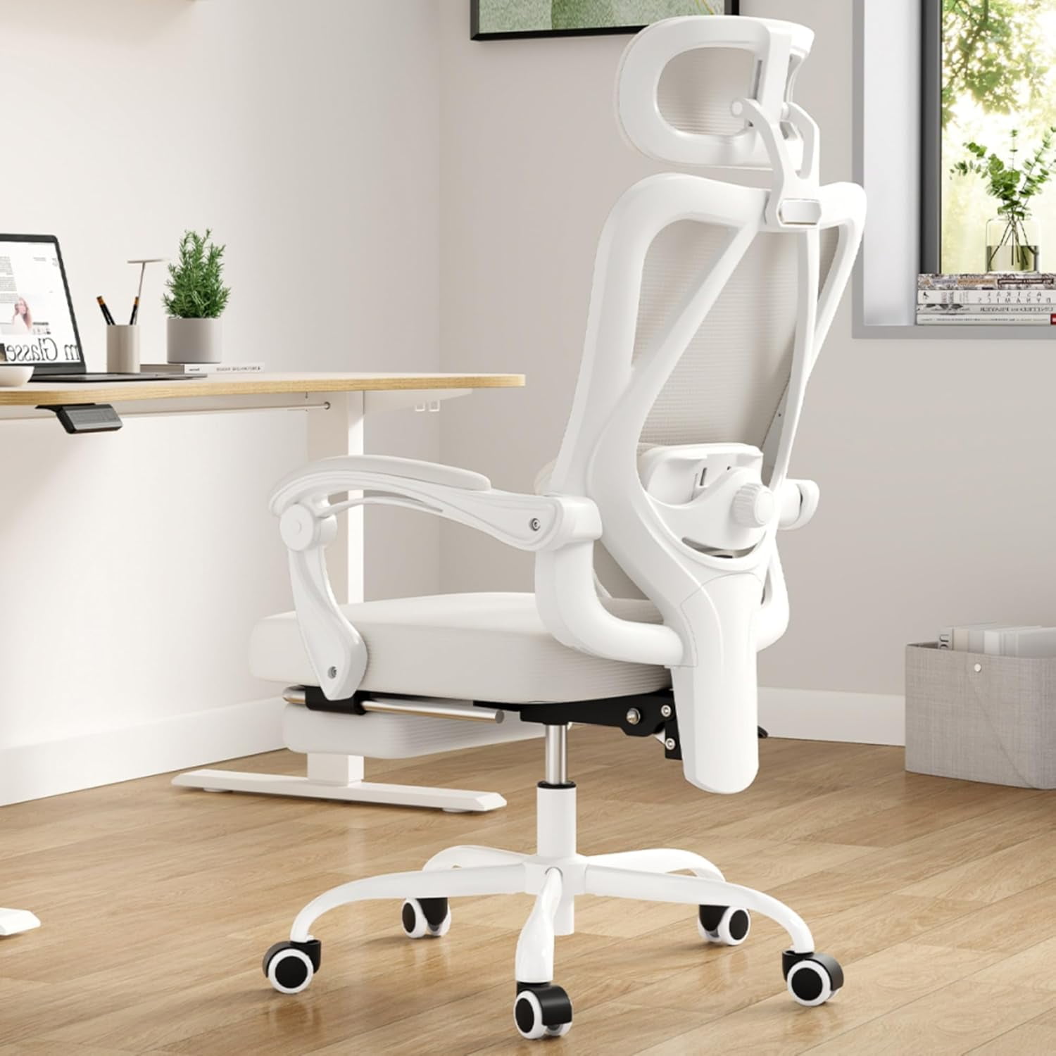BISHE Ergonomic Office Chair with Footrest & Adjustable Headrest, Reclining Computer Chair with Customizable Lumbar Support, Breathable Mesh Back & Seat, 360° Swivel Wheels, Beige