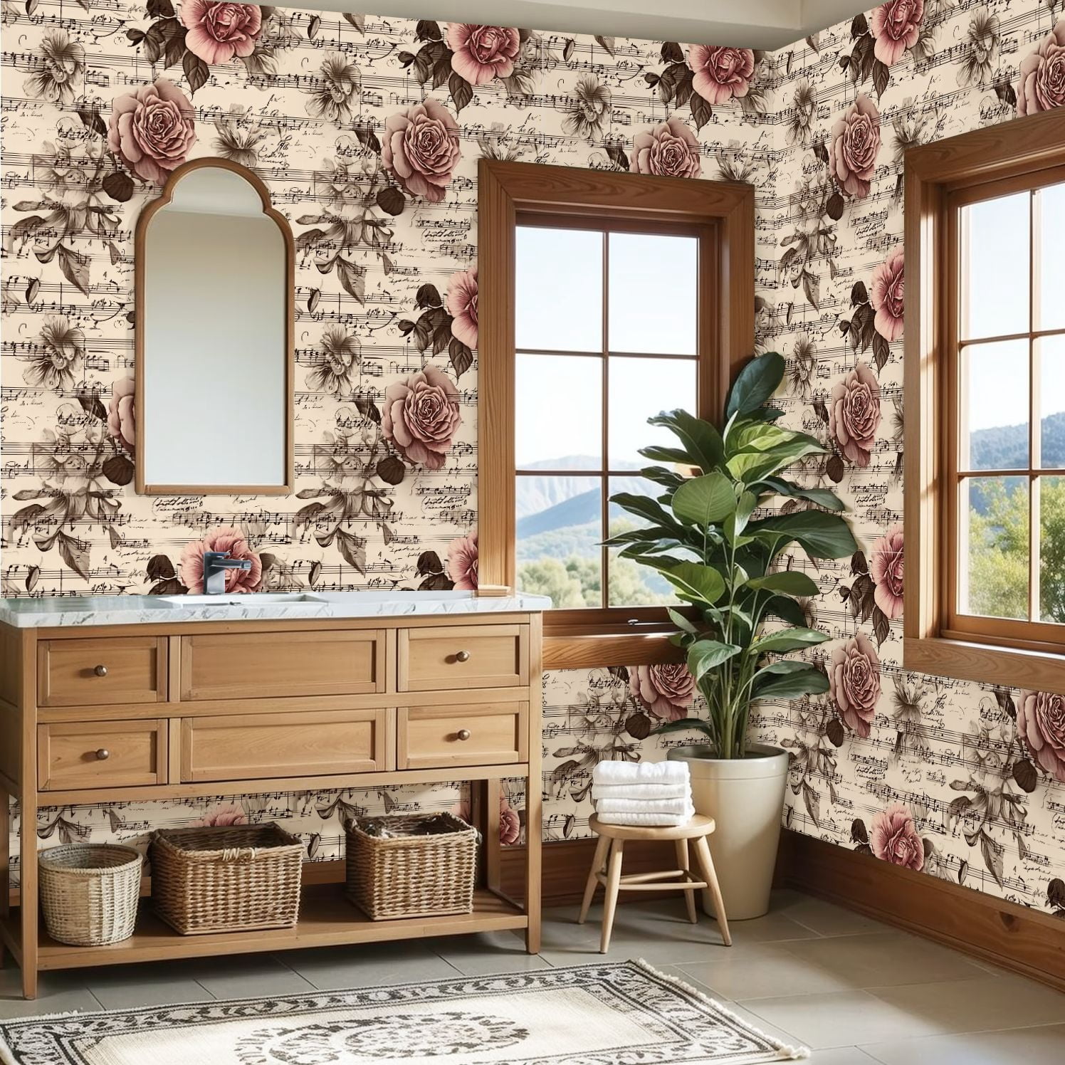Peel and Stick Wallpaper Roses Floral Vintage Sheet Music Sepia Tones Wall Mural 23.6in x 9.8ft Self Adhesive Removable Wall Paper Renter Friendly Wallpaper for Nursery Bedroom Cabinets