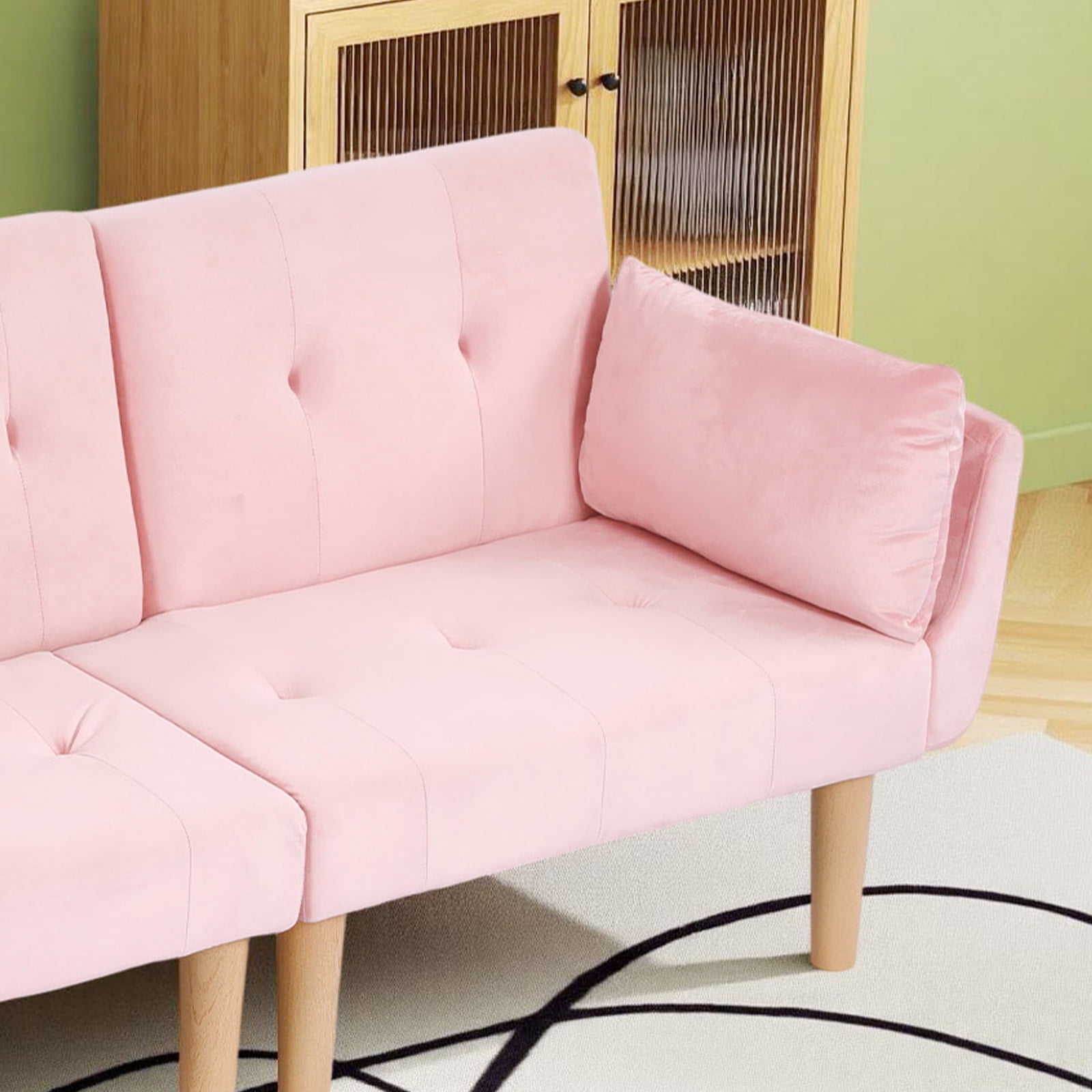 Leumius 72 Inch Futon Sofa Bed,Velvet Futon Couch with Adjustable Backrest and Cupholders,Suitable for Apartment,Living Room,Small Space,Pink