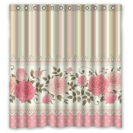 Polka Dot Bathroom Accessories - HelloDecor Valentine Vintage Pink Rose Blossom Floral with Polka Dots Shower Curtain Polyester Fabric Bathroom Decorative Curtain Size 66x72 Inches