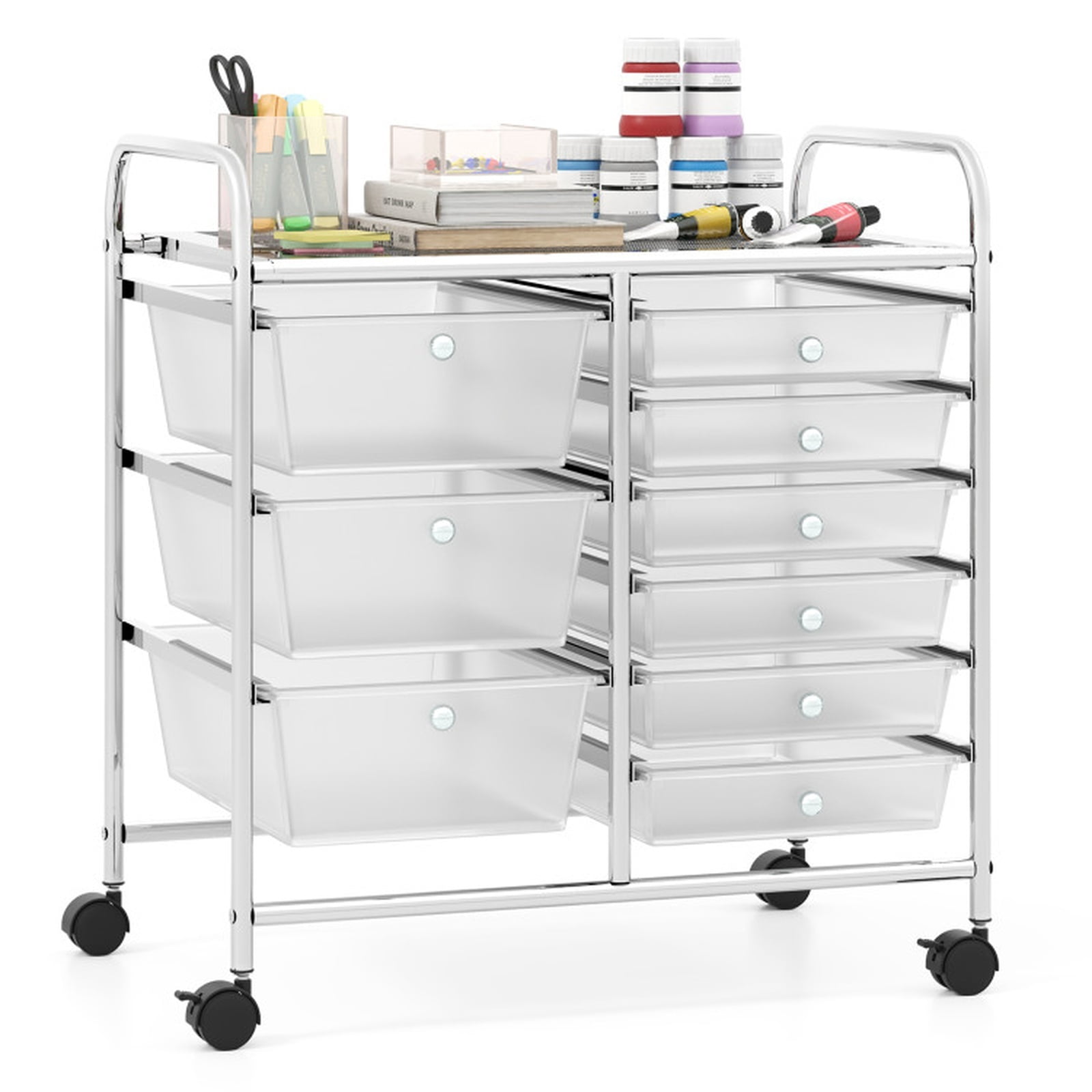 Furnibear 9-Drawer Rolling Storage Cart with Colorful Drawers and Metal Frame Multi Organizer for Home Office Craft Room Classroom, Transparent