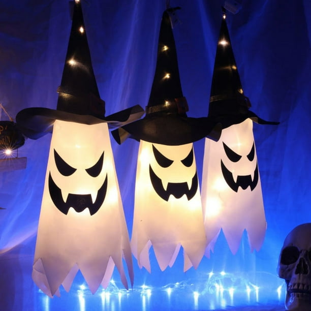 Halloween Hanging Witch Hat Lights, Light Up Witch Hats Glowing Ghost