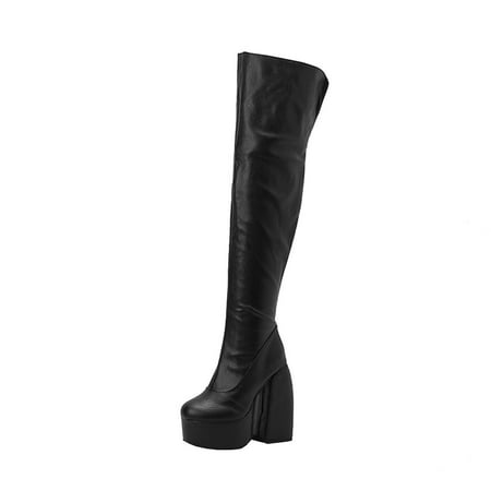 Lovskoo 2024 Women s Knee High Boots Thigh High Leather Round Toe Wedge Platform Shoes Serpentine Pattern Ultra High Heel Winter Ladies Over The Knee Western Boots Black