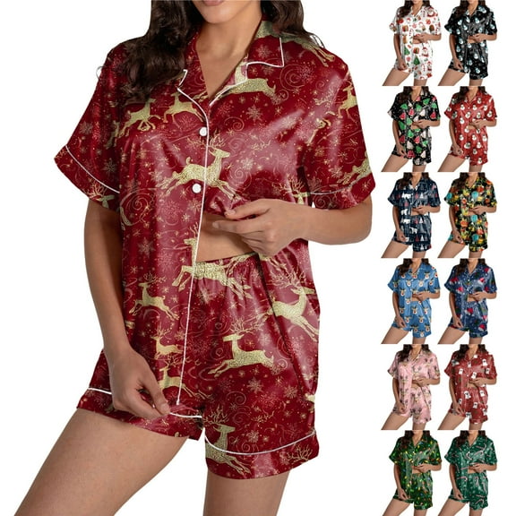 TTUHYWXI Women Christmas Pajamas Shorts Set White Christmas Pajamas Short Sleeves Shirt and Shorts 2 Piece Pjs Sleepwear (Wine, M)