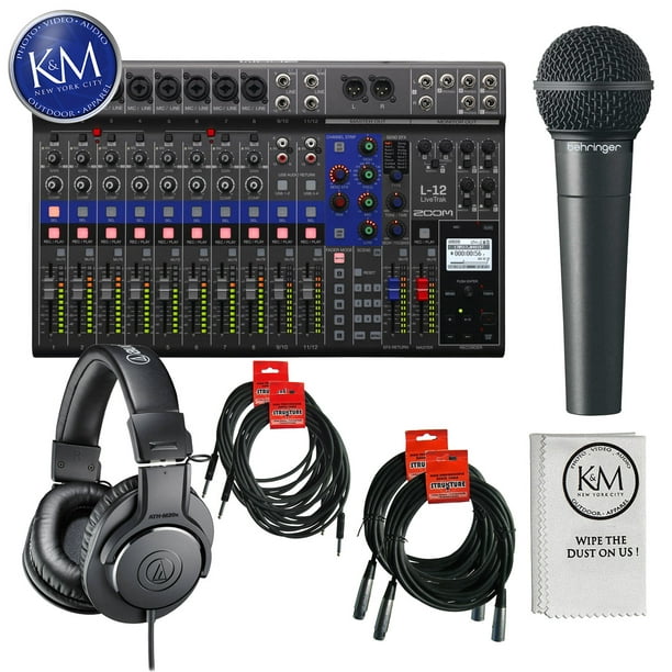 symbool Vet Postbode Zoom LiveTrak L-12 Digital Mixer & Recorder + XM8500 Microphone + (4)  Cables + ATH-M20x + K&M Cloth - Walmart.com
