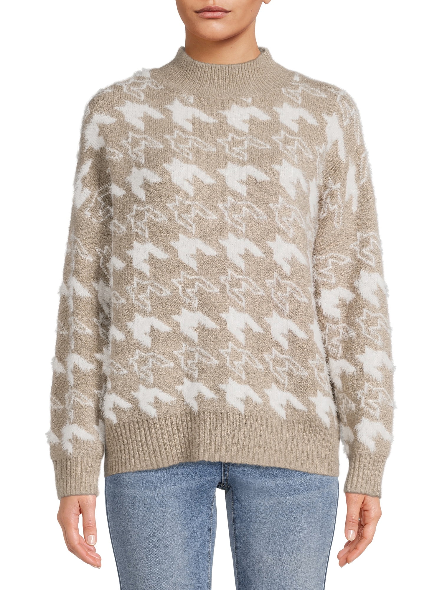 Dreamers by Debut Womens Houndstooth Pullover Long Sleeve Sweater