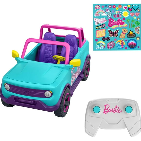 Hot Wheels Barbie RC SUV & Stickers, Battery-Powered Toy Truck, Fits 2 Barbie Dolls, Ages 4Y+