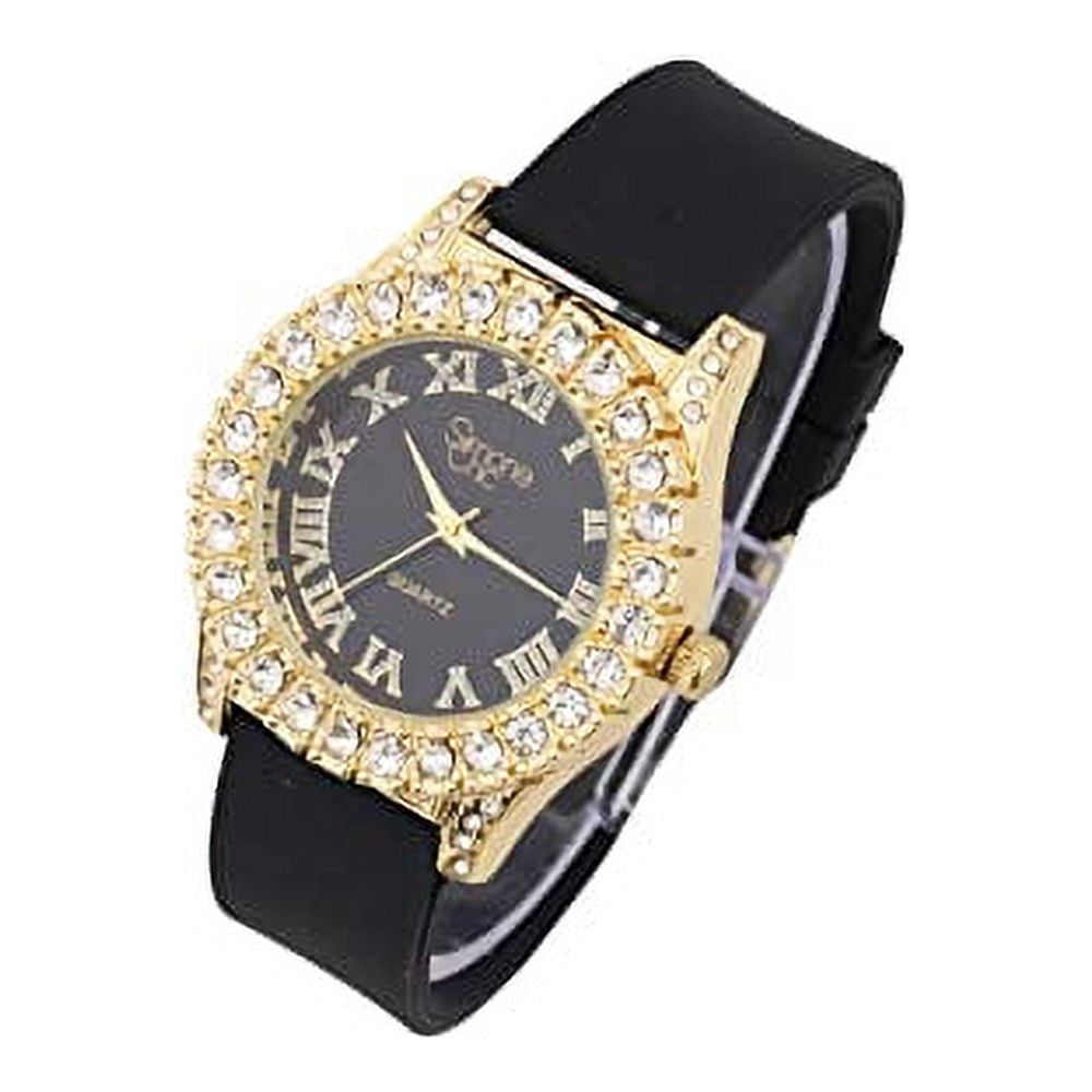 Simone Chic. Women's Big Rocks Fully Iced Bezel Colored Dial w/Easy Reader Roman Numerals Colorful Rubber Band Watch - ST10357LA (2pcSet Gld Night Blk)
