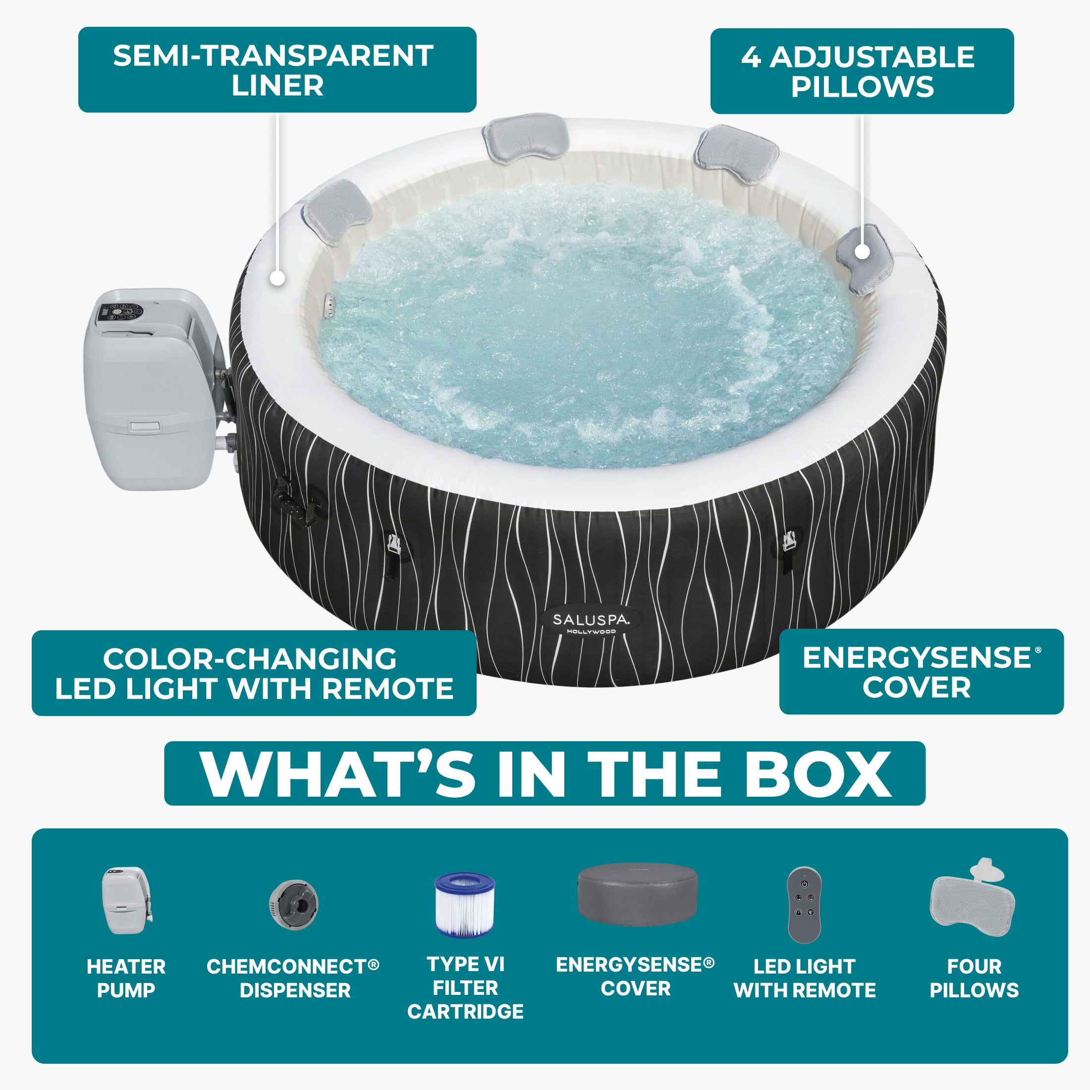 Bestway SaluSpa Hollywood Luxe 4-6 Person Inflatable Hot Tub, Round Energy-Efficient Spa, 77" x 26"