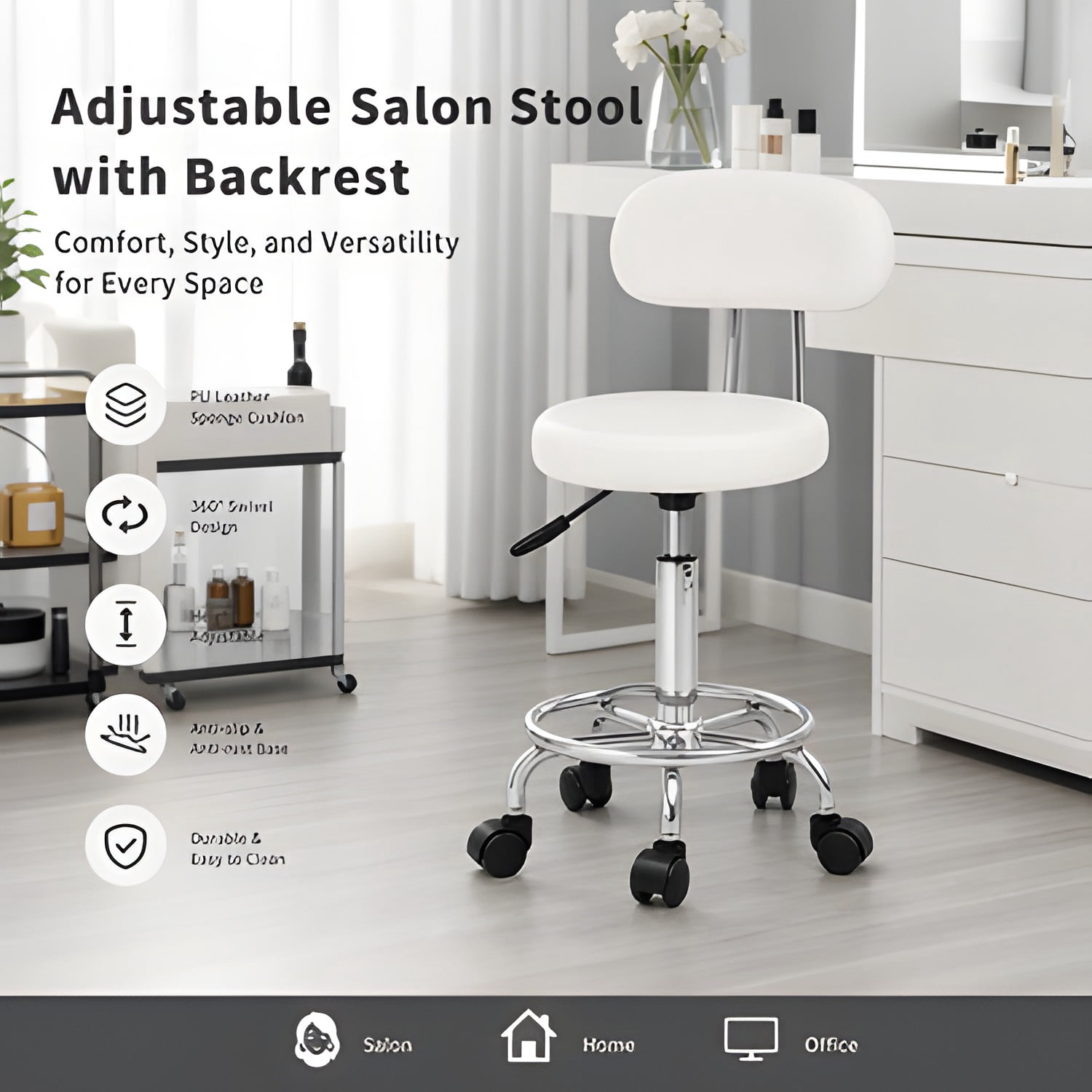 Salon Stool Round Shape Adjustable with Back and Line, White
