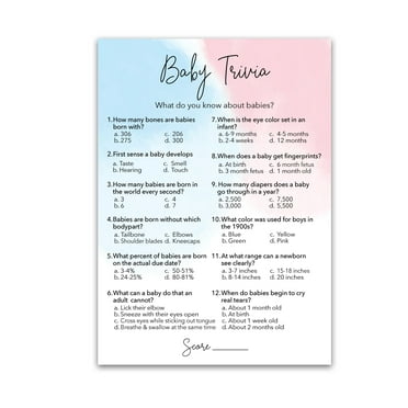 GENDER REVEAL Party Game — BABY TRIVIA Game — Pack of 25 — Minimalist Pink or Blue Fun Baby Facts Games, Blue or Pink Trivia Gender Neutral Baby Shower Games Activities, Coed Couples Shower G752-TRV