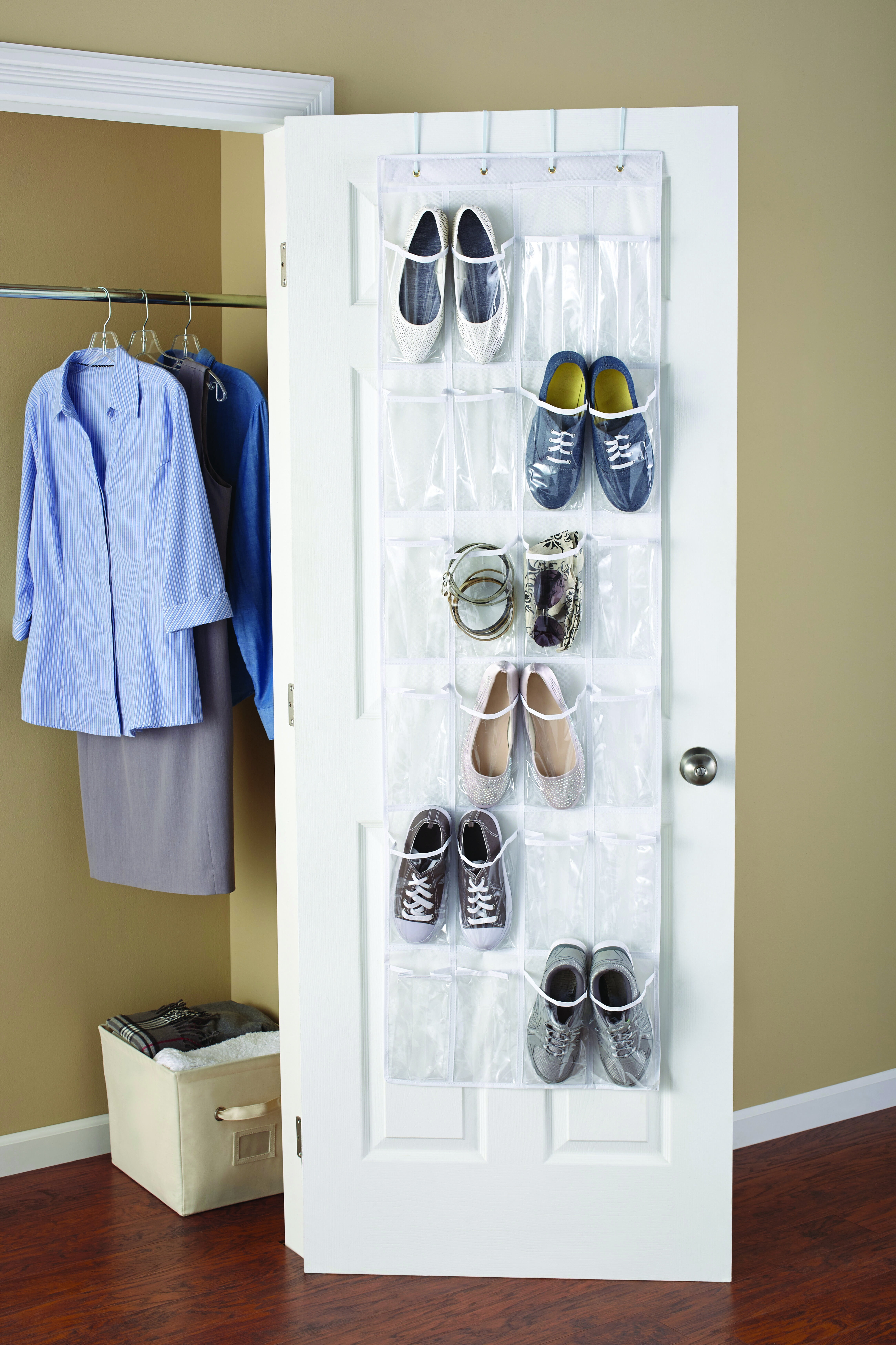 Mainstays 24 Pocket Over-the-Door Shoe Organizer, Clear Pockets, Non-Woven Polypropylene, White