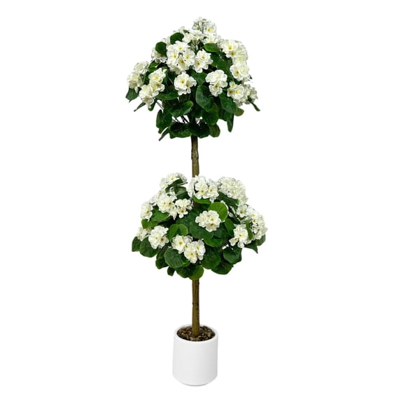 Lifelike Artificial Geranium Tree - 120cm Tall Faux Plant with Dual-Ball Design in Decorative Pot - Realistic Silk Flowers - UV Resistant, Low Maintenance - Home, Office, Garden, Wedding Décor - White