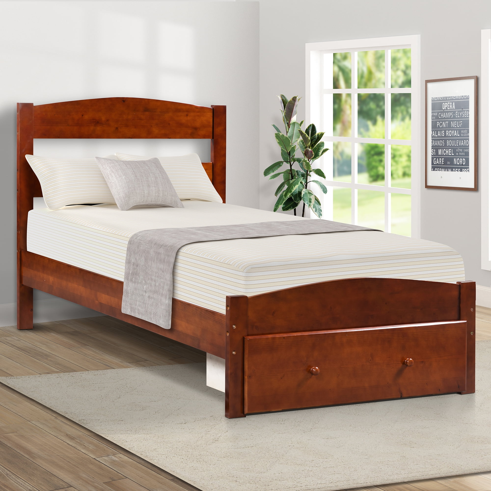 Platform Bed Frame with Headboard and Footboard, Classic Pine Wood Twin