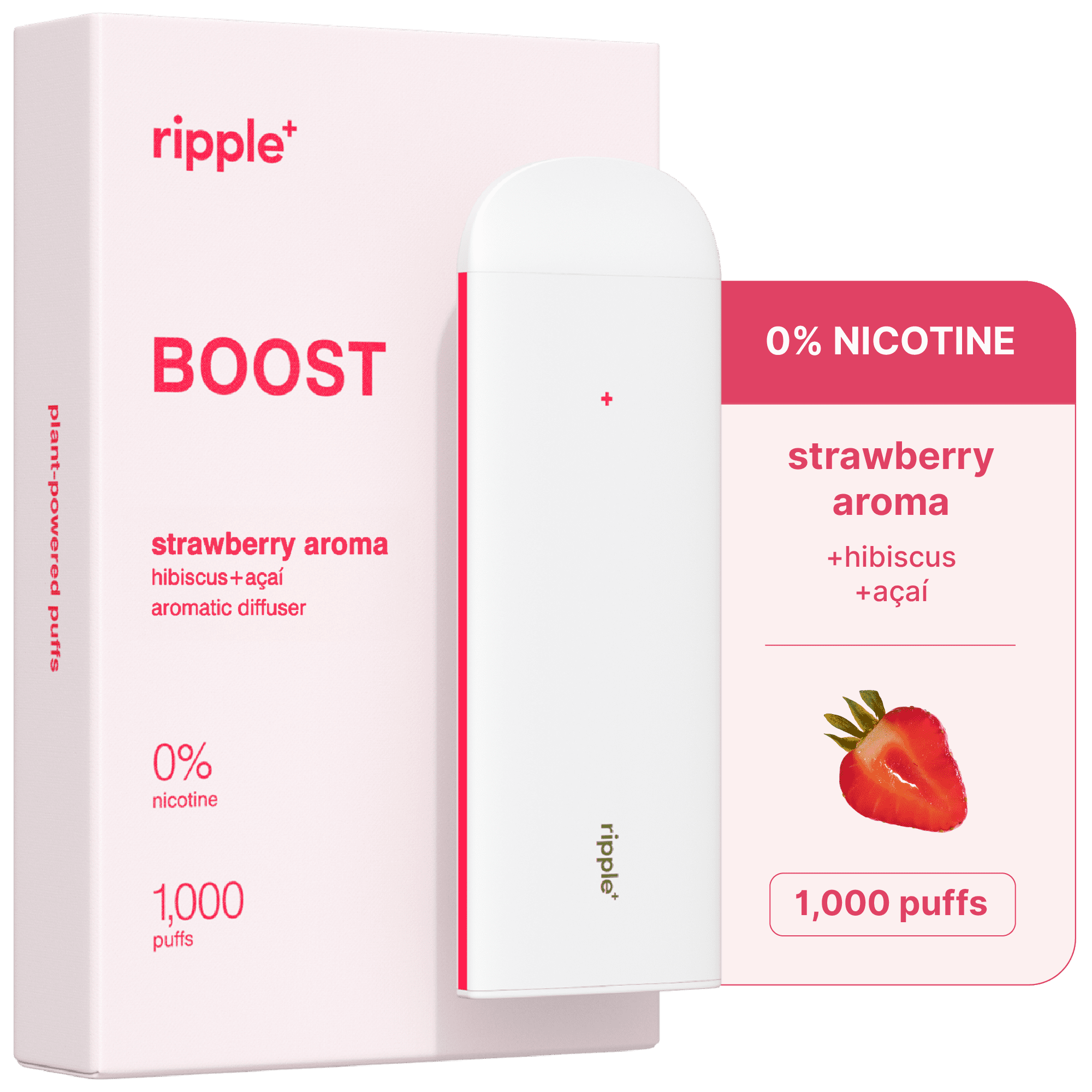 Ripple Strawberry Diffuser - 1,000 Puffs, 0% Nicotine, + Hibiscus & Açai, 100% Recyclable