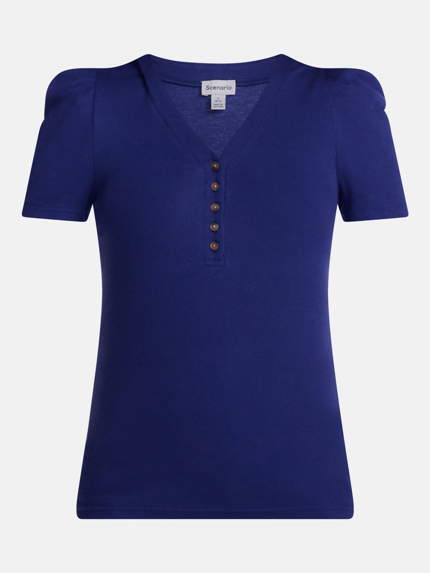 Scenario Women's V-Neck Henley Top with Short Puff Sleeves, Sizes XS-XXXL