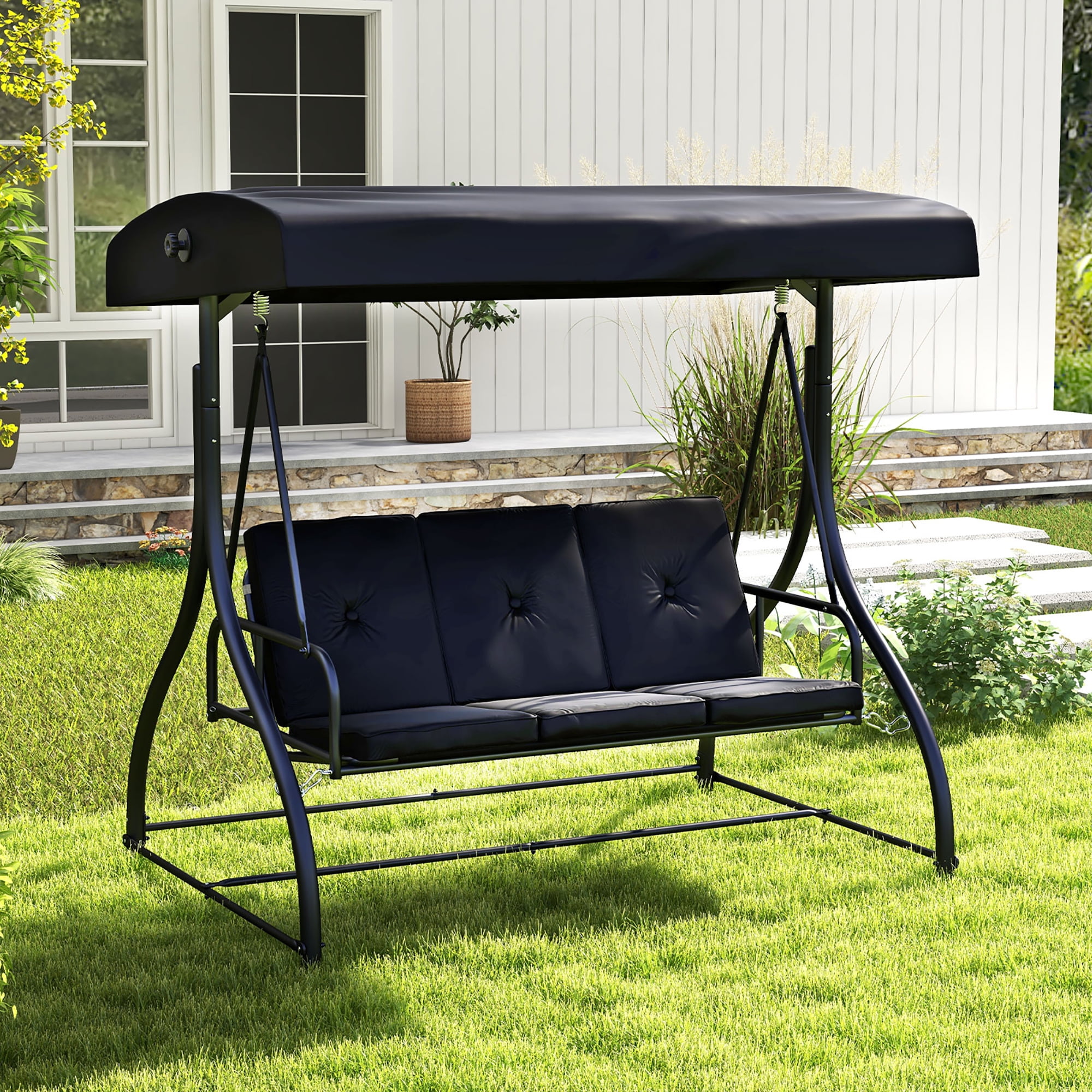 Gymax Converting Patio Swing Chair Porch Swing Bed w Adjustable Canopy Thickened Cushion Black Walmart