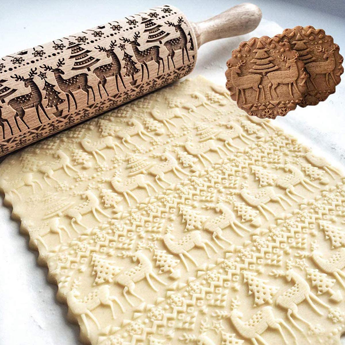2 Pack Christmas Wooden Rolling Pins Deeply Engraved Embossing Rolling Pin  with Christmas Deer Pattern for Baking Embossed Cookies,Rolling Pin Kitchen  Tool (14 inch) 