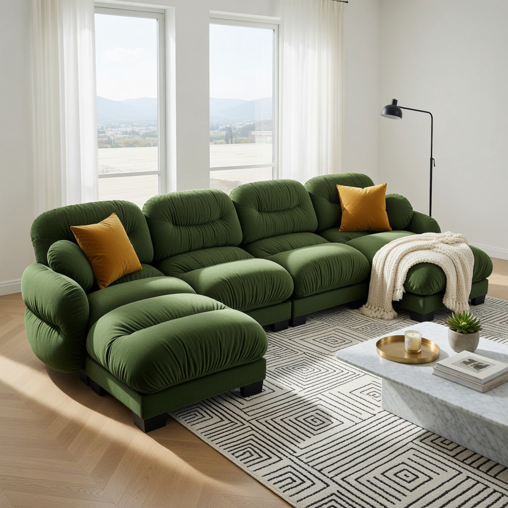 Hommoo Chenille U-Shaped Modular Sectional Sofa with Ergonomic Foam, Pleated Back Design, 2 Ottomans & 2 Throw Pillows, 4-Seat Plush Living Room Couch, Green