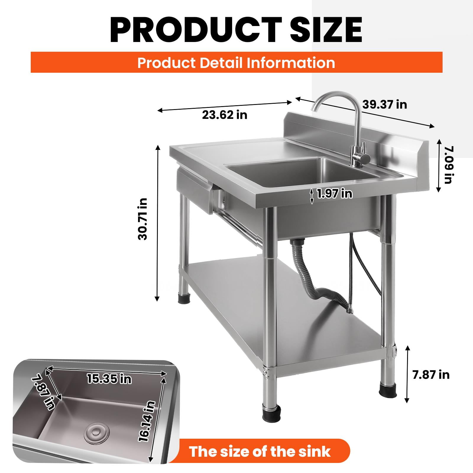 Stainless Steel Commercial Utility Sink with Drawer & Cold and Hot Water Pipe, Outdoor Freestanding Kitchen Sink, Freestanding Utility Sink , 40 Inch for Garage & Restaurant