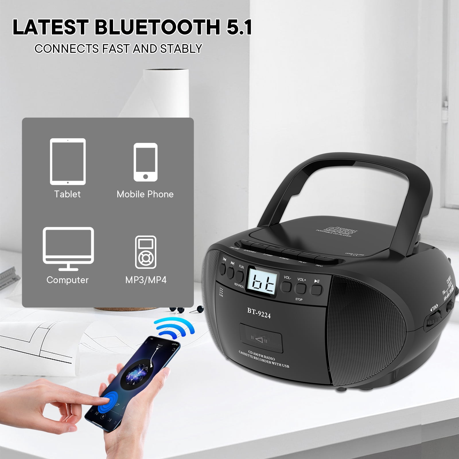 Boombox CD and Cassette Player,Casette Tape Recorder with Remote,AM FM Radio, USB Playback with Earphone Jack, 5.1V Bluetooth Speaker, Battery Operated or AC Powered for Home