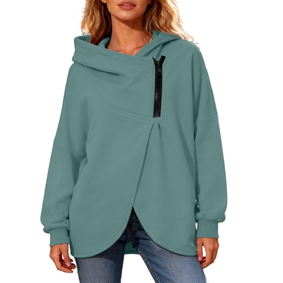 Zip Up Hoodie for Women Asymmetrical Solid Color Long Sleeve Sweatshirt Fall Casual Tops