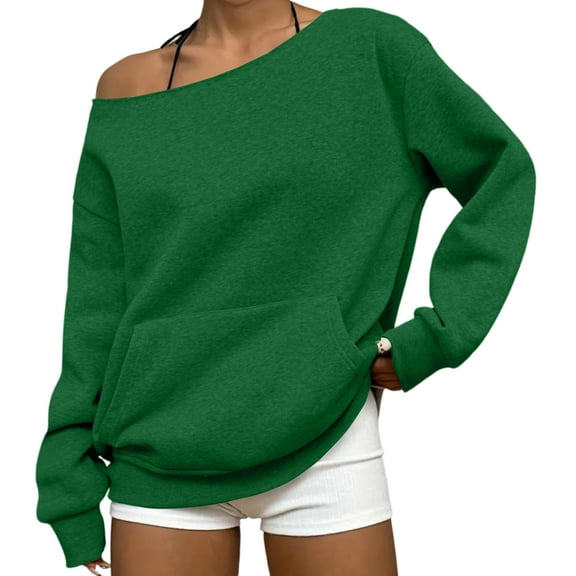Mohiass Womens Off the Shoulder Sweatshirt Oversized Long Sleeve Tops Trendy Cute Loose Plain Fall Hoodie with Pocket Dark Green M
