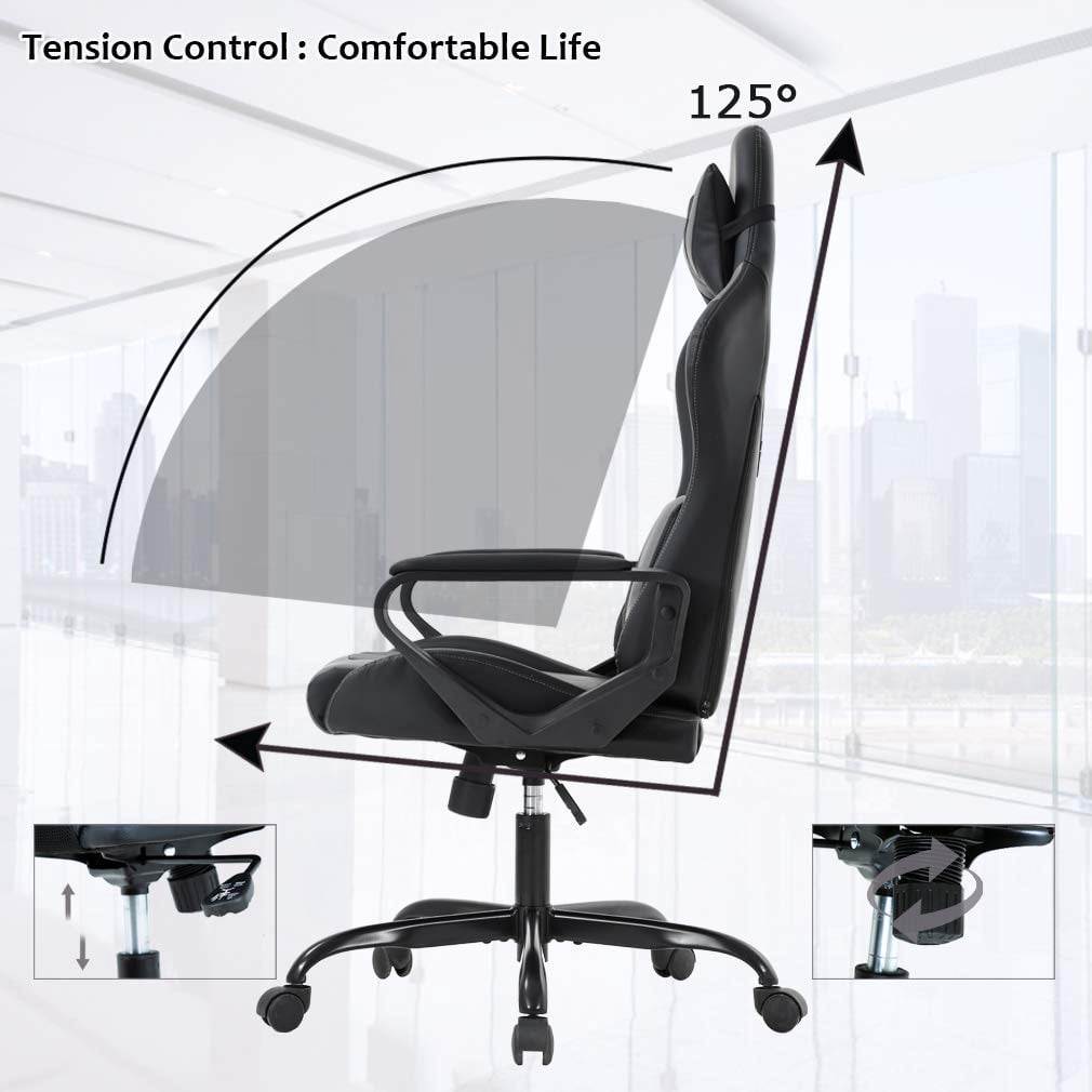 Dkelincs Gaming Chair for Teens PU Leather Computer Chairs with Headrest,Waist Pillow and Quiet Rolling Wheels, Gray