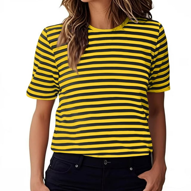 tarylea Hauts pour Femmes Manches Courtes Col Rond Chemises à Rayures à Blocs de Couleur Hauts Amples Décontractés d'Été Tendance Basiques Habillés