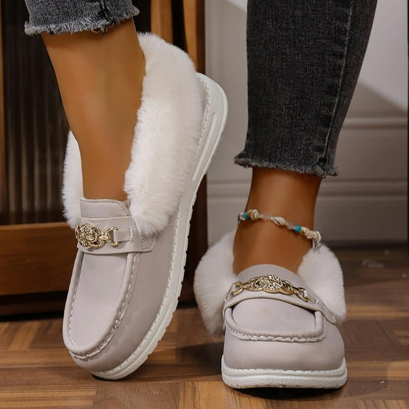 Heisall Womens Snow Boots Winter Thick Fleece-Lined Warm Cotton Shoes Metal Chain Furry Collar Comfortable Flat Sole Casual Fashion