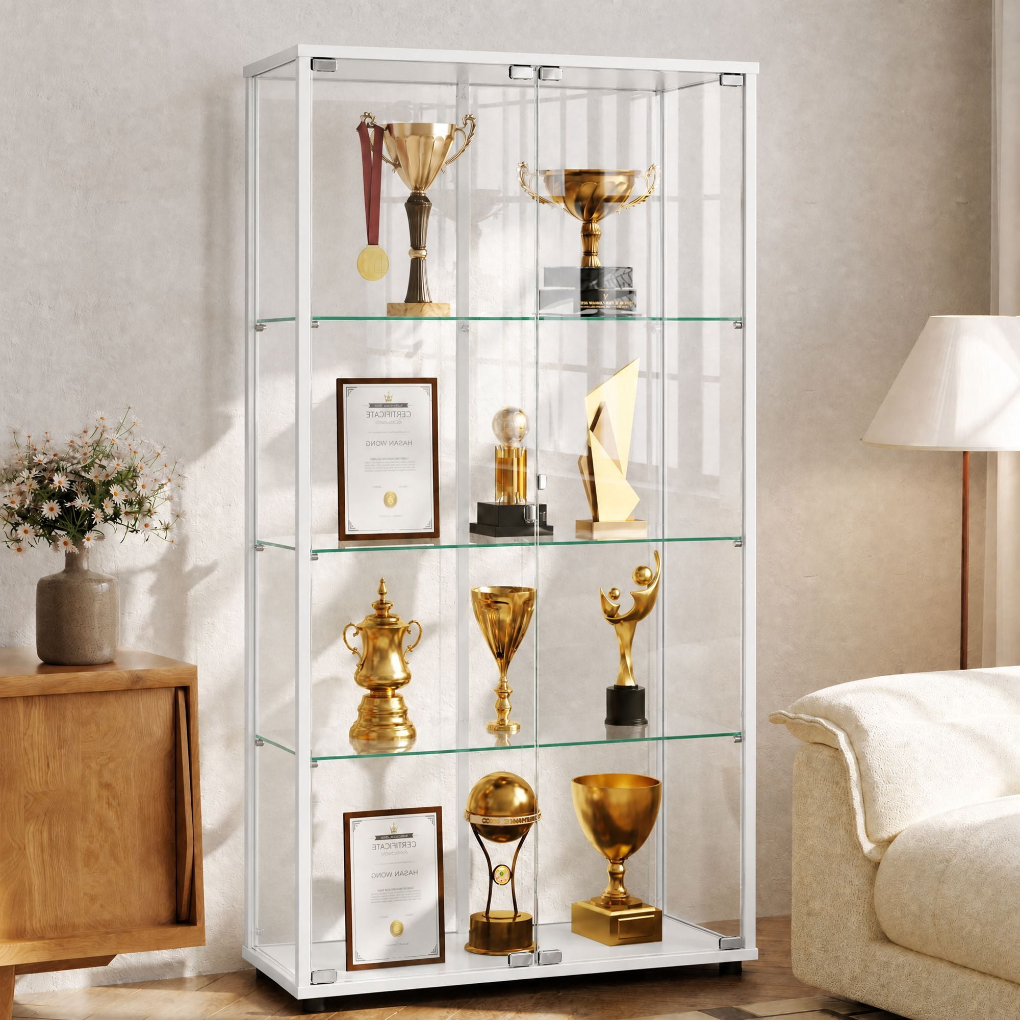Clarvion 66" Display Cabinet with Glass Door, 4-Tier Tempered Glass Curio Cabinet, Double Door Display Case for Collectibles, White