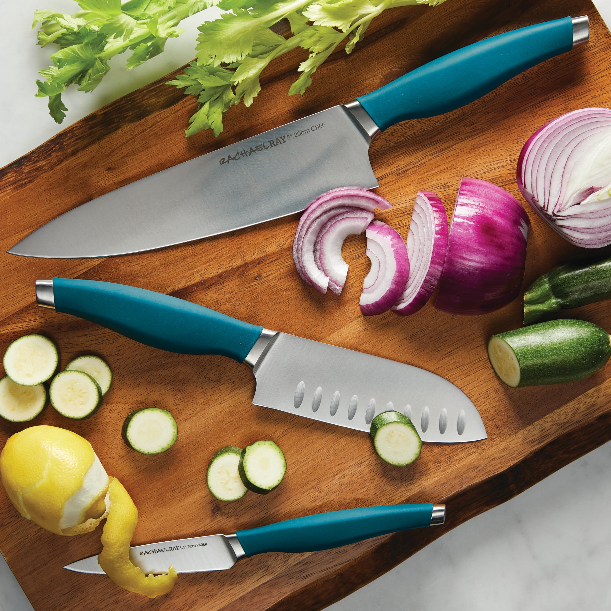 Rachael Ray Cutlery Japanese Stainless Steel Chef Knife Set, Teal, 3-Piece
